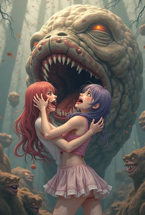 A picture of a maru swallowing,two female anime characters,one swallowing another