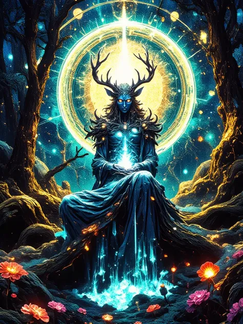 A surreal 3D-rendered digital artwork depicts a mystical forest spirit with crystalline antlers and ethereal blue-tinted skin, c...