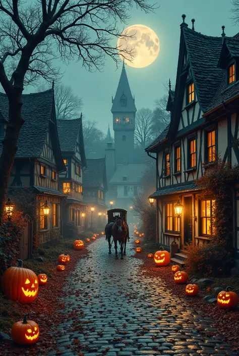 A haunted European village trapped in perpetual autumn, where jack-o'-lanterns glow in every window and a ghostly horse-drawn he...