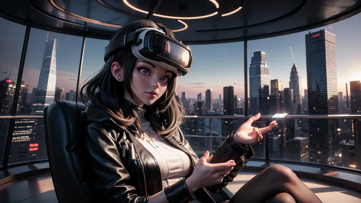 3D metaverse avatars with immersive VR headsets operate various digital tools inside a massive, clear crystal dome. Floating vir...