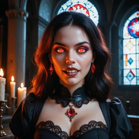 A seductive vampire woman with pale skin, glowing crimson eyes, long dark hair, and black gothic lace clothing, standing in cand...