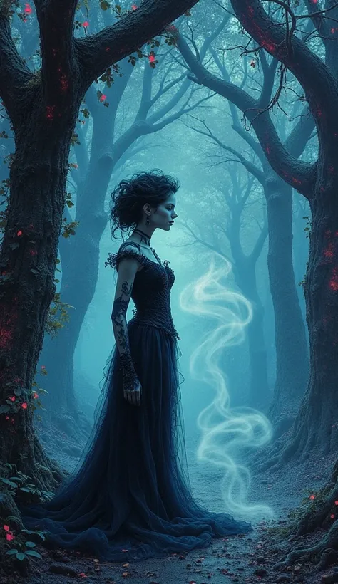 Gothic lady eerie whispering a ghostly melody smoke scene through a galactical fibonacci evolution scotoma, oceans top down, lif...