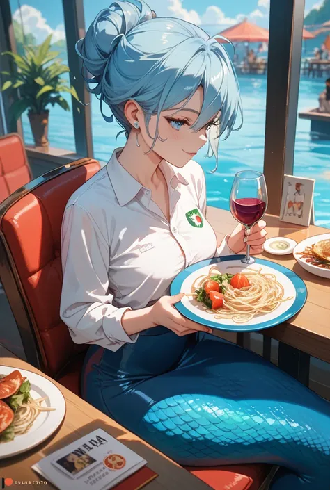 Italian restaurant logo。Simple、silhouette of a mermaid holding wine and pasta。blue and white with a refreshing taste。