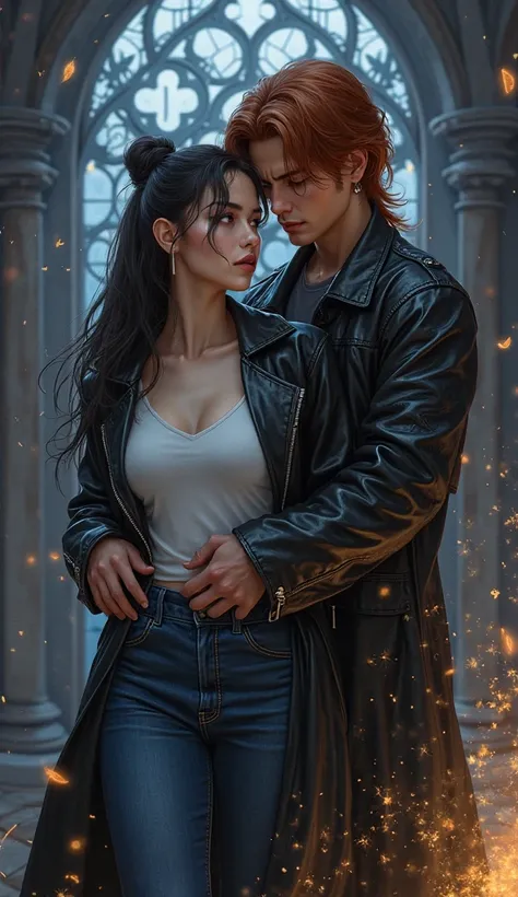 "A vertical, highly realistic digital painting in the style of WLOP, for a fantasy romance novel cover. The composition centers ...