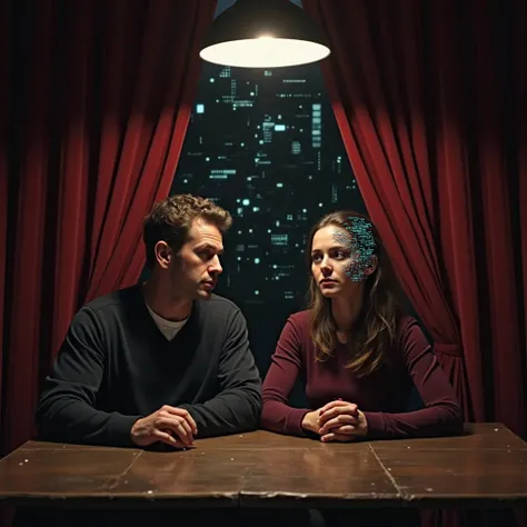 A cinematic digital painting showing two contemporary playwrights—a man and a woman—in their thirties, sitting tensely at a worn...