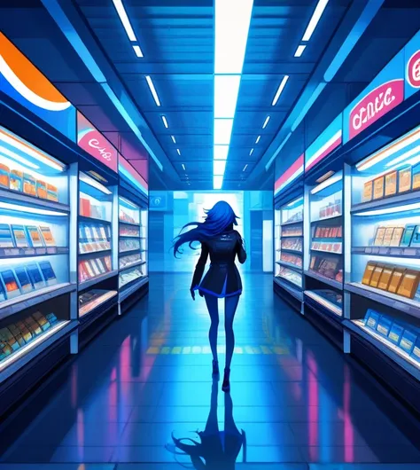 Midnight Convenience Stores, modern,Convenience store entryway、 bright blue color palette,abstract background, Urban atmosphere,...