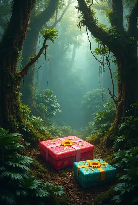 Dystopian and dense jungle, amazonia, Cases filled with candies in the middle, cores vivas, Don't add people