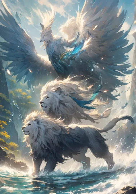 nature and water  , anime fantasy illustration , animated fantasy art , Beautiful Fantasy Anime, Blue feathered lion, 1, dynamic...