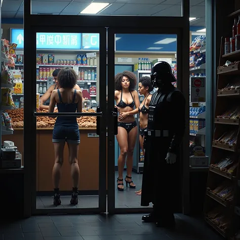 (midnight convenience store) New York city, Convenience store (big glass windows and big glass door), the clerk (old, Indian, ni...