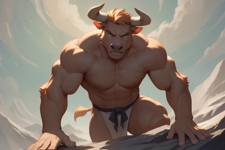 male, bull, deep brown fur, ox horns, ox nose, green eyes, muscular minotaur training alone on a barren, steep cliffside, harsh ...