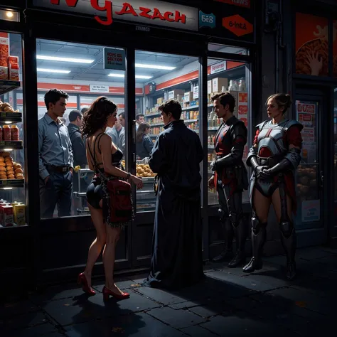 (midnight convenience store) New York city, Convenience store (big glass windows and big glass door), the clerk (old, Indian, ni...