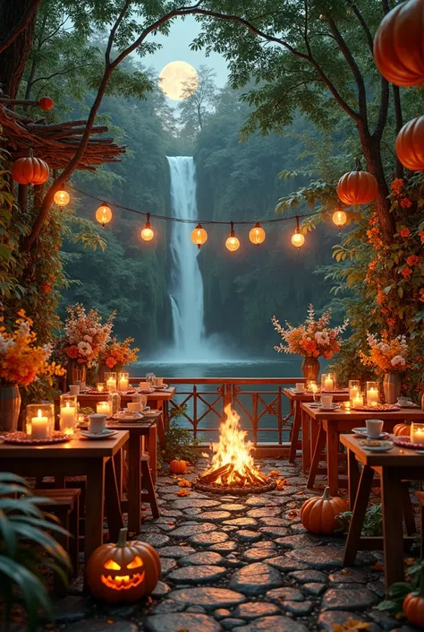Epic-scale vintage Halloween scene, featuring 'TRUNG NGUYEN LEGEND' cyclo deeply set in a lush forest with rich green foliage. M...
