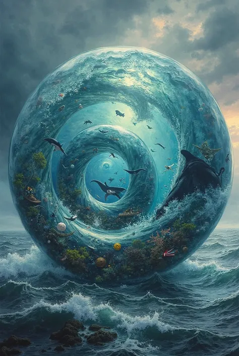 Glass Fibonacci snail filled with various stormy ocean scenes with whales and ships by Raymond Swanland :: Anna Dittmann :: Anne...