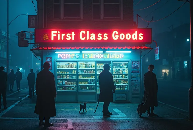 "A mysterious, neon-lit convenience store glowing in the dead of night, its sign flickering 'First-Class Goods – Open at Midnigh...