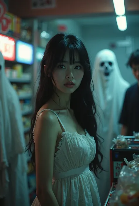 Cute looking Asian girl with big eyes, long hair, white skin, good shape, big breasts wearing sexy nude cashier dress, standing ...