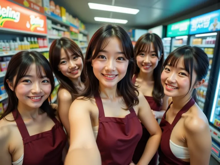 Wide angle POV shot, professional selfie photograph of a few gorgeous large-breasted slim-waisted Korean Japanese convenience st...