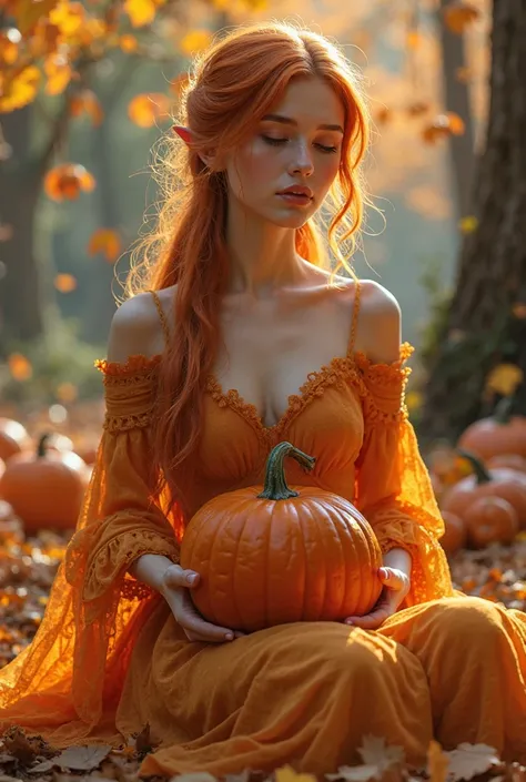 woman elf woman orange woman sitting , dressed in orange, Who is holding a pumpkin, sur fond de paysage d'automne orange