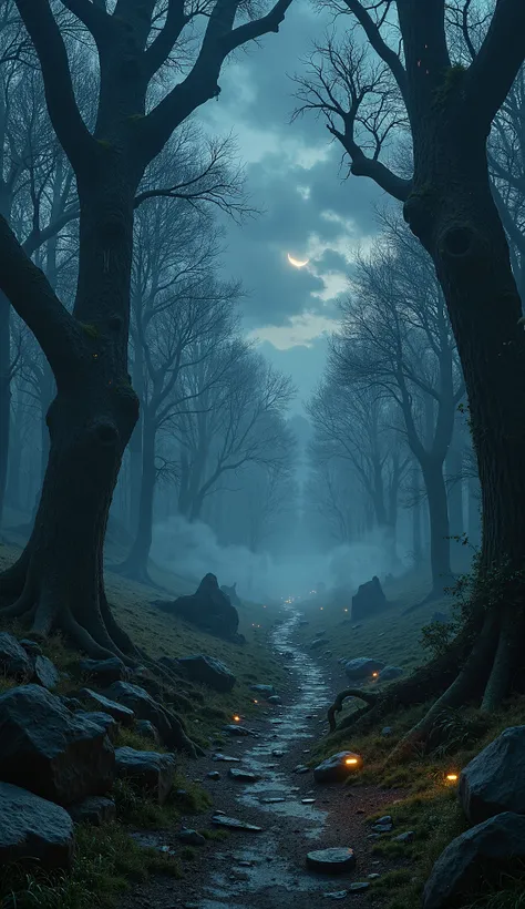 Imagine a dense, haunted forest shrouded in twilight. The trees are tall and twisted, their gnarled branches reaching out like s...