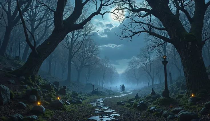 Imagine a dense, haunted forest shrouded in twilight. The trees are tall and twisted, their gnarled branches reaching out like s...