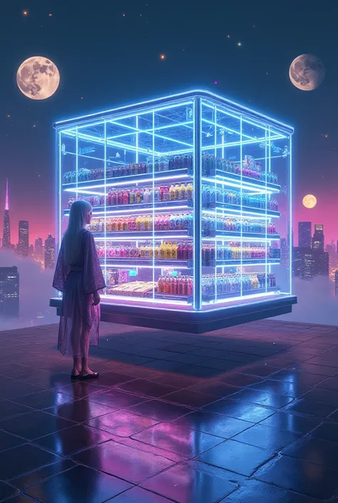 Midnight Convenience Store” in the far-far-far future: a levitating glass cube of glowing neon circuit-traces hovers above a spr...