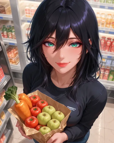 Above angle,Female Black Long hair,Lips,Smile,Convenient store,Midnight,Grocery,Shelf,Vapor