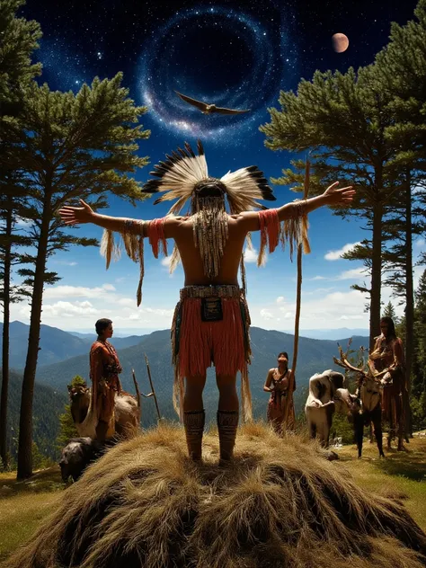 a native american mystic in traditional dress (eagle feathers and buckskins beaded regalia) standing with arms extended (holding...