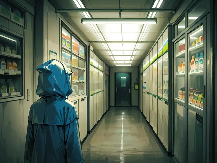 A deserted convenience store at 2 a.m., located in a suburban area. Flickering fluorescent lights overhead, shelves half-stocked...