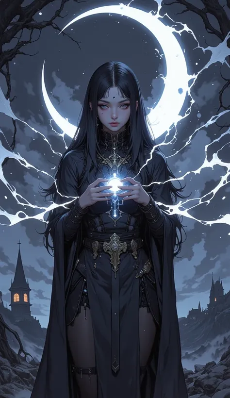 Unrealistic illustration. girl with long black hair Witch with the power of the moon