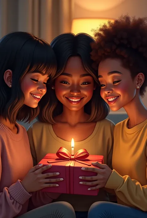 Three friends, one white with wavy black hair, the second black, with straight shoulder length hair with bangs, the third brown ...