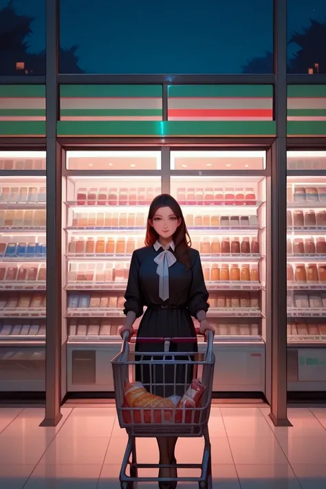 1girl, extremely tall, shopping cart, buying drinks, nighttime, convenience store, demon, modest clothing, friendly, extremely t...