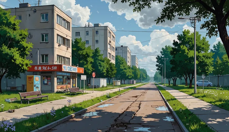 landscape, street, USSR vibes, panel buildings:2.5, panelki:2.5, many floors, many green trees, evening, summer, puddles on the ...