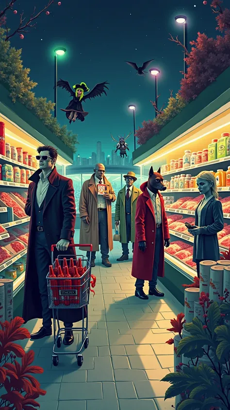 A vibrant, whimsical night scene inside a well-lit supermarket. Fantasy creatures shop like regular people: a fashionable vampir...