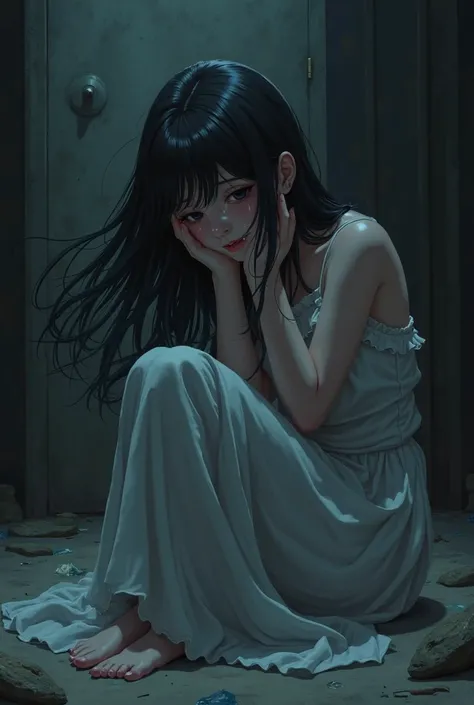 An anime girl with black hair wearing a long dress sits on our knees, hands on cheeks crying in the middle of a semi-dark room. ...