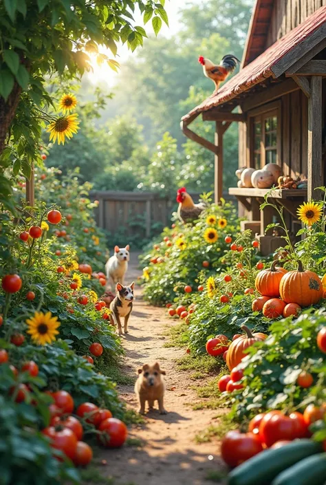 A vibrant and lush summer vegetable garden bursting with ripe tomatoes, cucumbers, carrots, zucchini, and sunflowers, a cute pig...