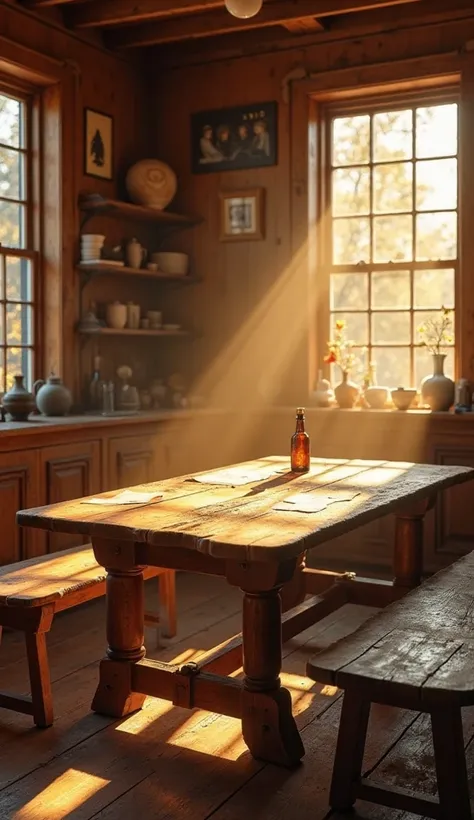 A warm, rustic dining room filled with golden sunlight filtering through large, vintage wooden-framed windows. In the center, a ...