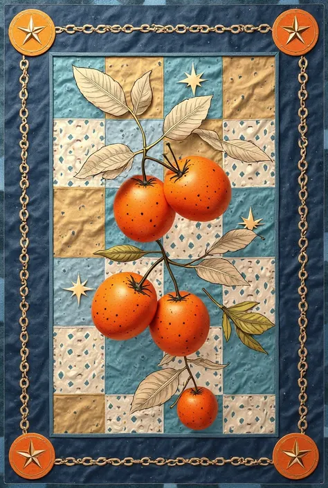 A central decorative fabric panel with vintage Mediterranean aesthetic. The design features vibrant orange fruits (#F97316) with...