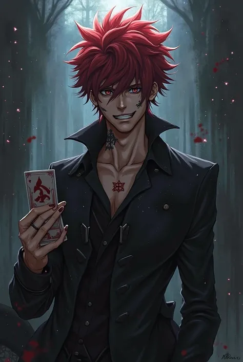 Hisoka from Hunter x Hunter standing with a murderous aura with a card in hand