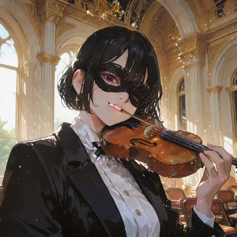 is a grand, dark,The background of the orchestra concert hall,wearing an eye mask that covers only one eye, anime style, white b...