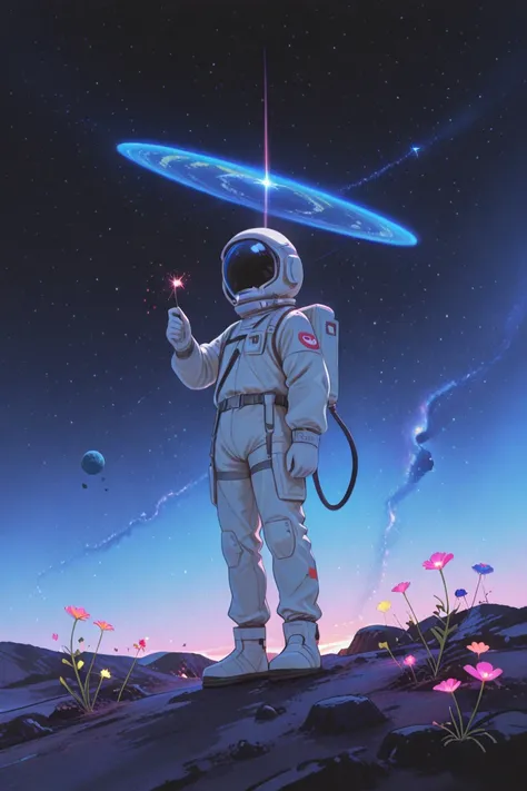 "An astronaut in a vintage spacesuit picking bioluminescent flowers on a floating asteroid, Earth visible in the background, sta...