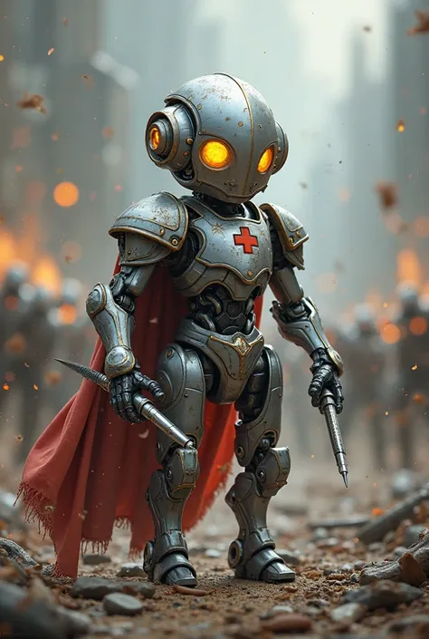 Tiny warforged paladin with injection needle and scalpel