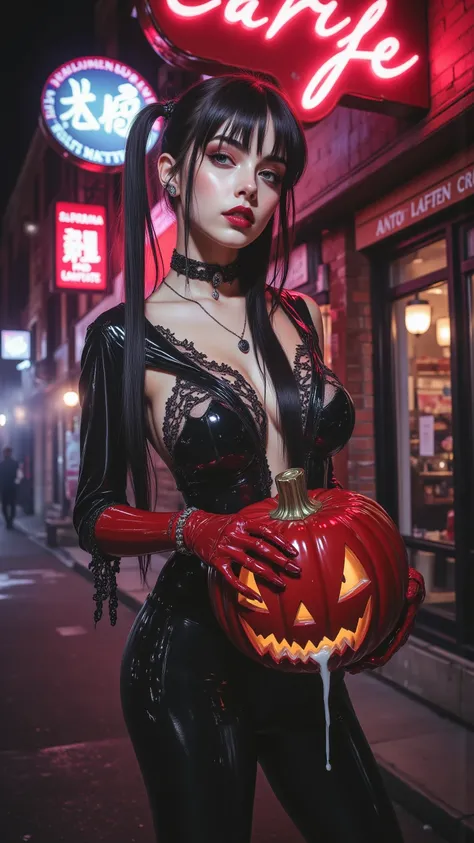 1 girl ultra skinny anorexic scandinavian korean teen girl , (( Holding a small Red shiny plastic jack o lantern )), (Cumface gi...