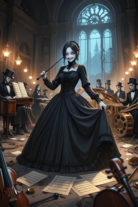 A marionette-like gothic girl with an elaborate conductor's baton, wearing a dress woven with sheet music and golden gears, surr...