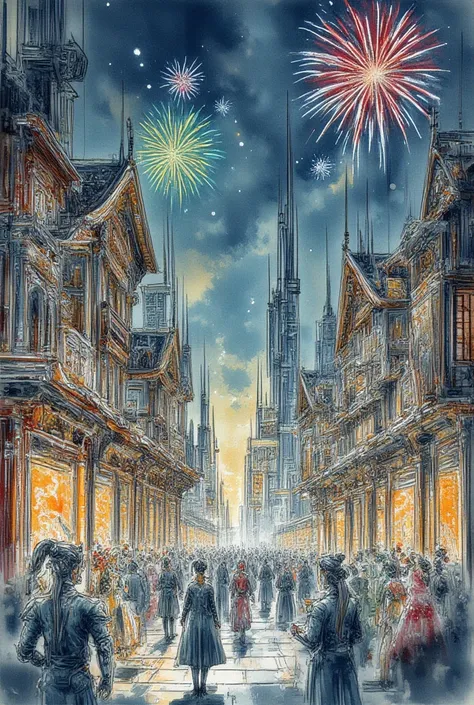 A vibrant festival scene, people with diverse and ornate twintails celebrating, fireworks in the background, fantastical archite...
