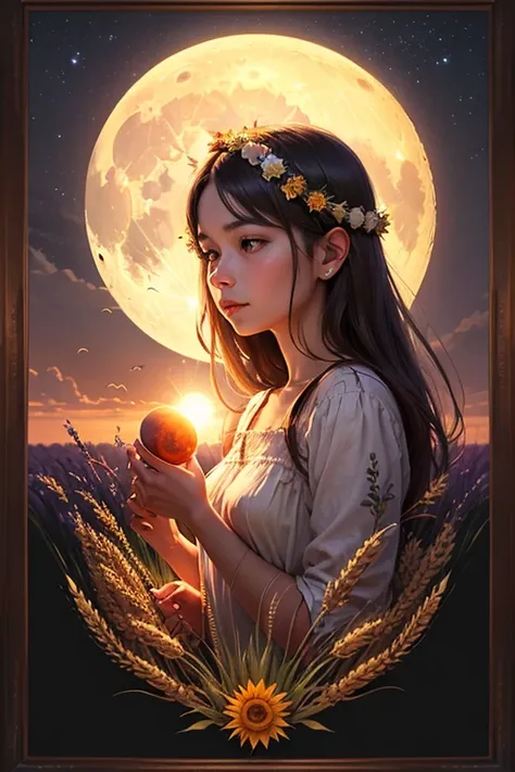 circle (full moon or sun), framed by a wreath of ears of wheat and lavender (without characters)