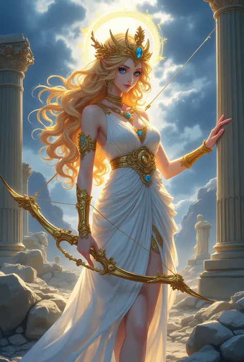 A majestic anime-style goddess of war, standing amidst the ruins of an ancient temple. She has long, flowing golden hair with de...