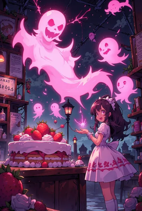 anime-style, a gothic pastry shop at midnight, a cursed strawberry cake on the counter releases a glowing pink ghost made of whi...