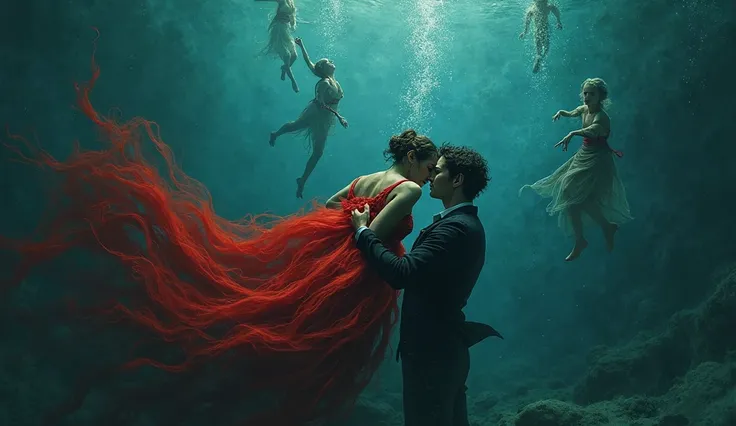 Two lovers float lifeless in an ancient drowned ballroom, chained together by red thread. Ghostly dancers swirl around them in s...