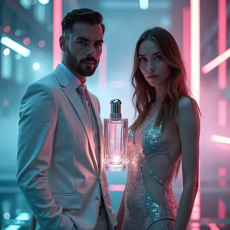 A futuristic, elegant man and woman standing side by side in a sleek, neon-lit environment. Both wear high-fashion, avant-garde ...