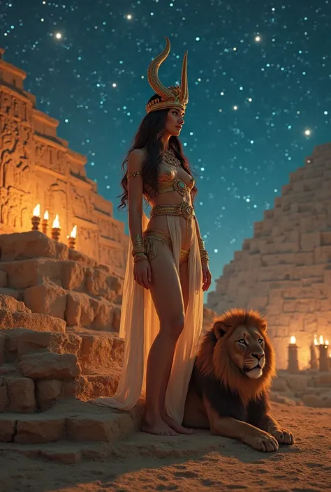 (RAW image), (Masterpiece), (8K HDR), (Realistic details),“Inanna, Mesopotamian goddess of love and war, stands atop a ziggurat’...