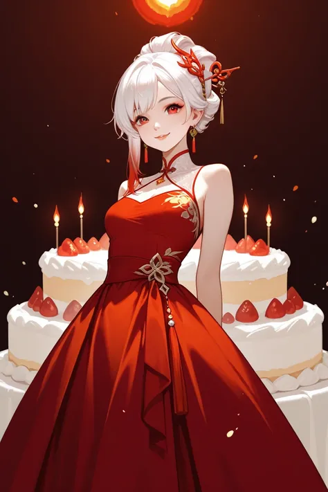 1 girl, long white hair up to the waist, red hair ornament,  Smile Yan, thin lips, red flare dress ,  standing on a cake
